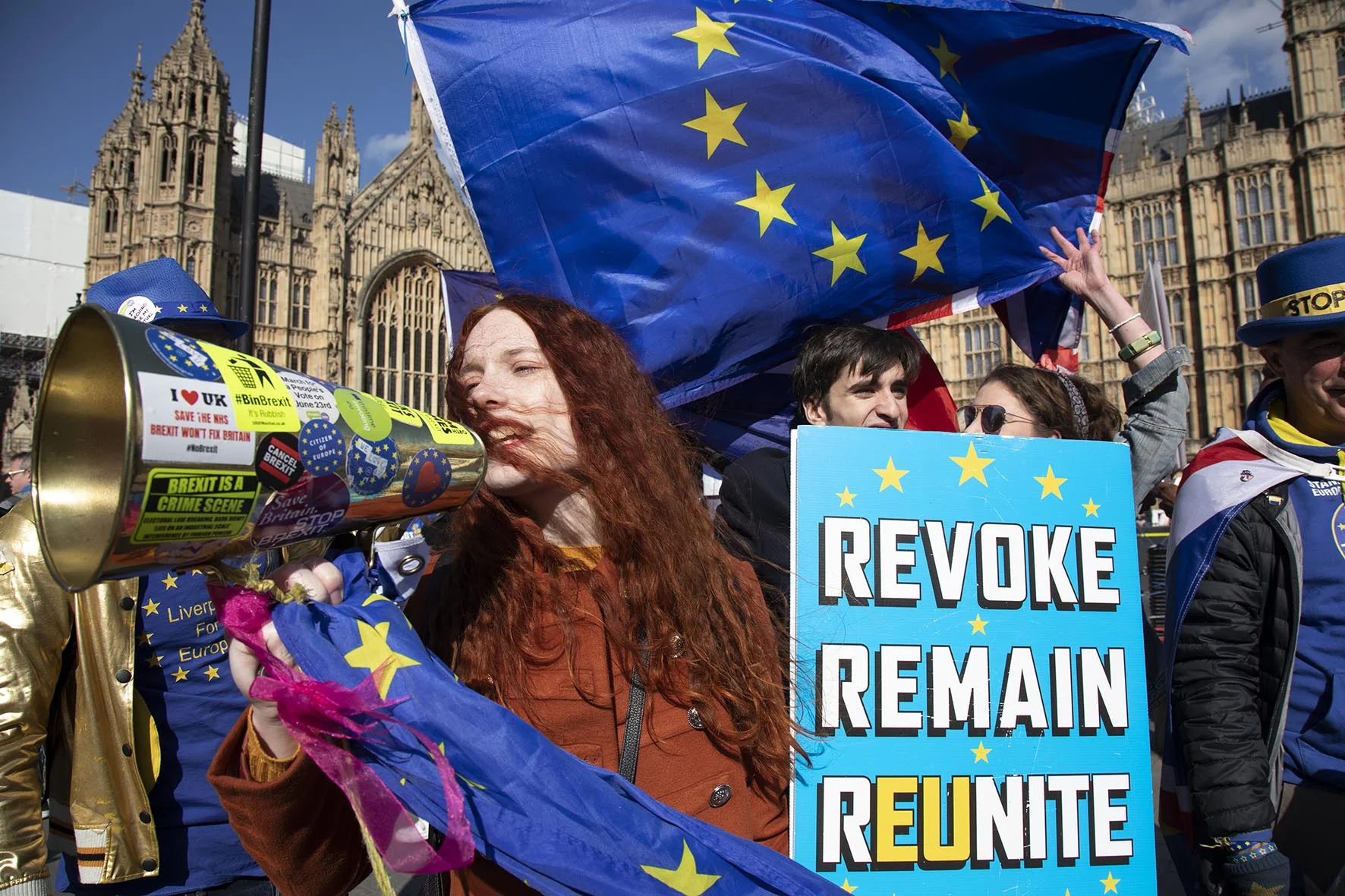 Young anti Brexit protester Florine Pochet from Lille in France shouts anti-Brexit slogans as the Prime Minister arrives in Brussels to request an extension to Article 50 on 10th April 2019.