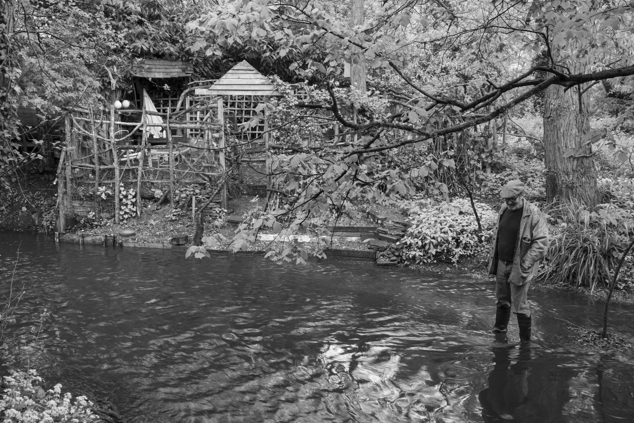  Standing in his little stretch of the River Cole at the end of his garden. May 2020. Sarehole. 