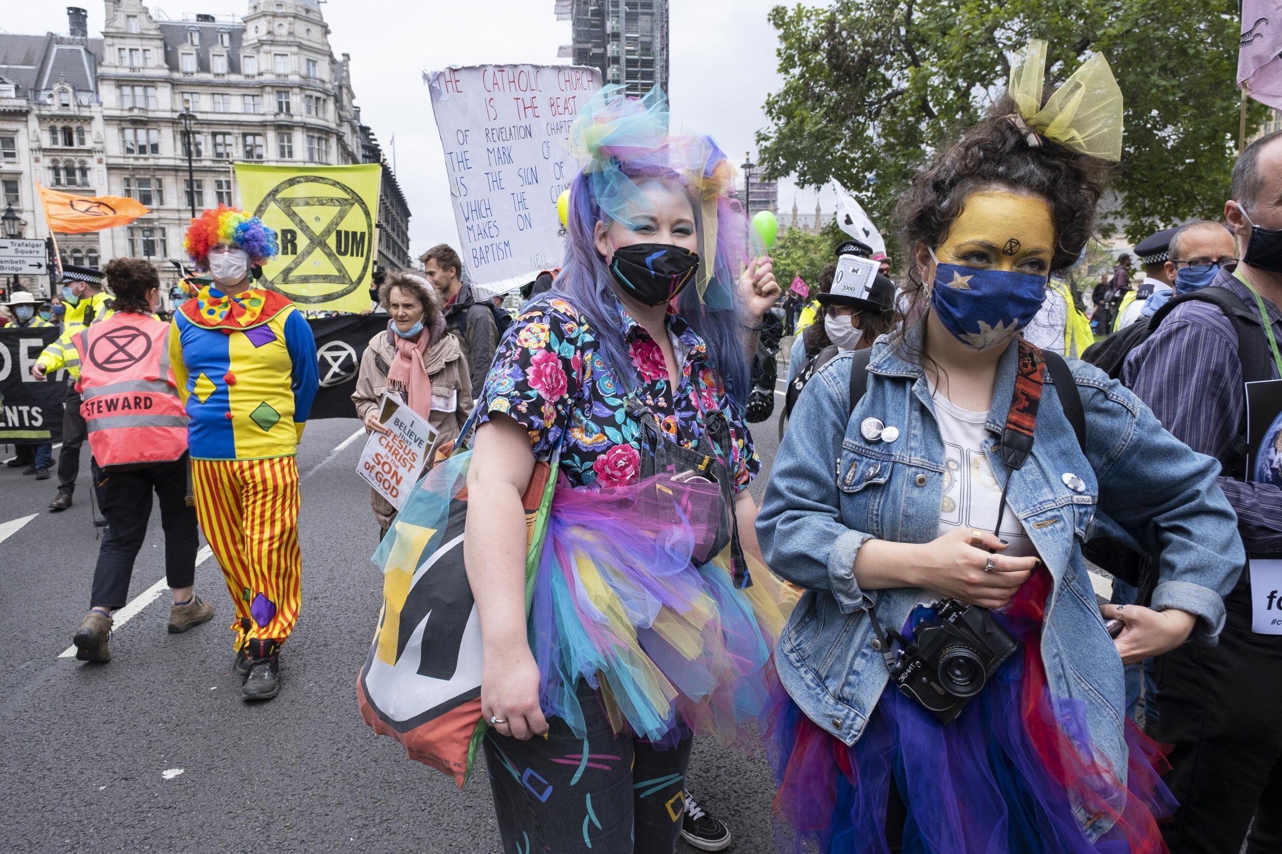  XR protesters at the Carnival of Chaos in Parliament Square. 