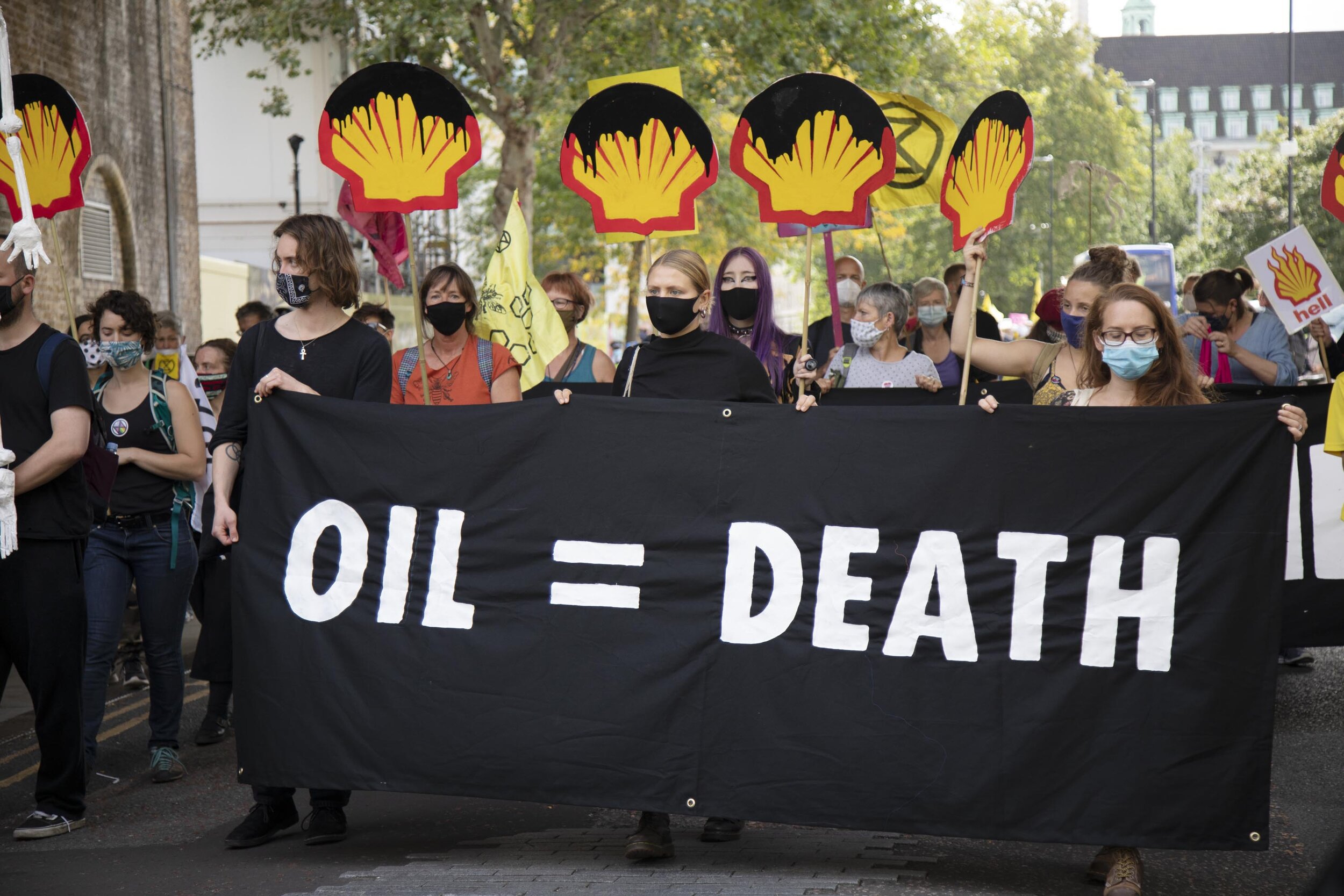  'Oil = Death' banner at the ‘Shell Out’ protest. 