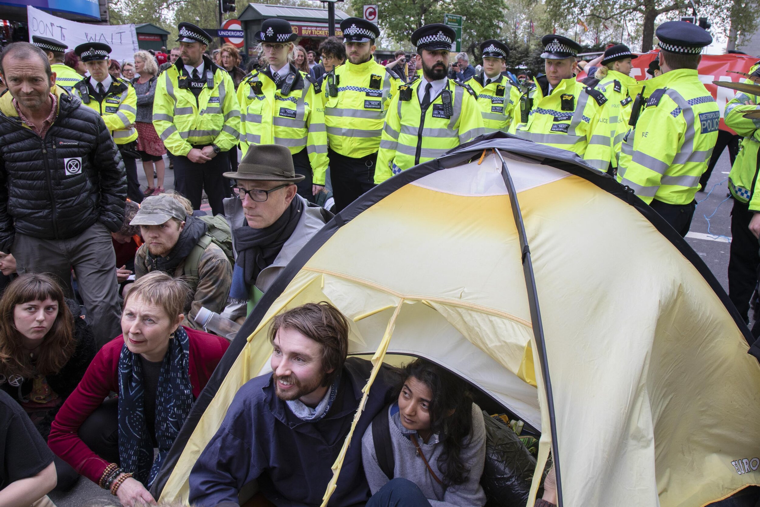  Police gather to begin trying to clear climate change activists from the Extinction Rebellion group as they vote on whether to leave peacefully or not at Oxford Street near to the Marble Arch camp. 