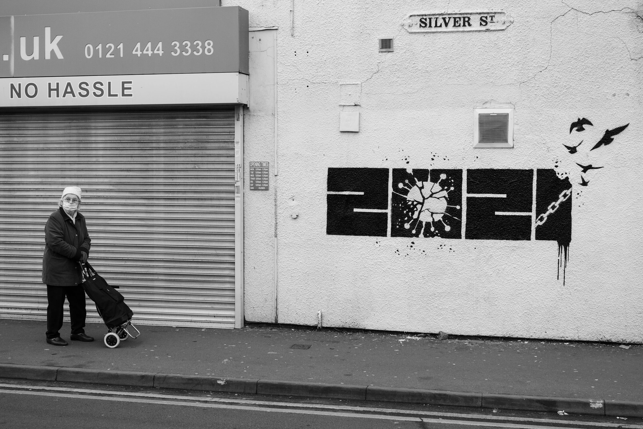  On the day before national lockdown three commences, a hopeful piece of street art has appeared offering hope that the shackles of Covid-19 will be broken in 2021. January 2021. Kings Heath. 