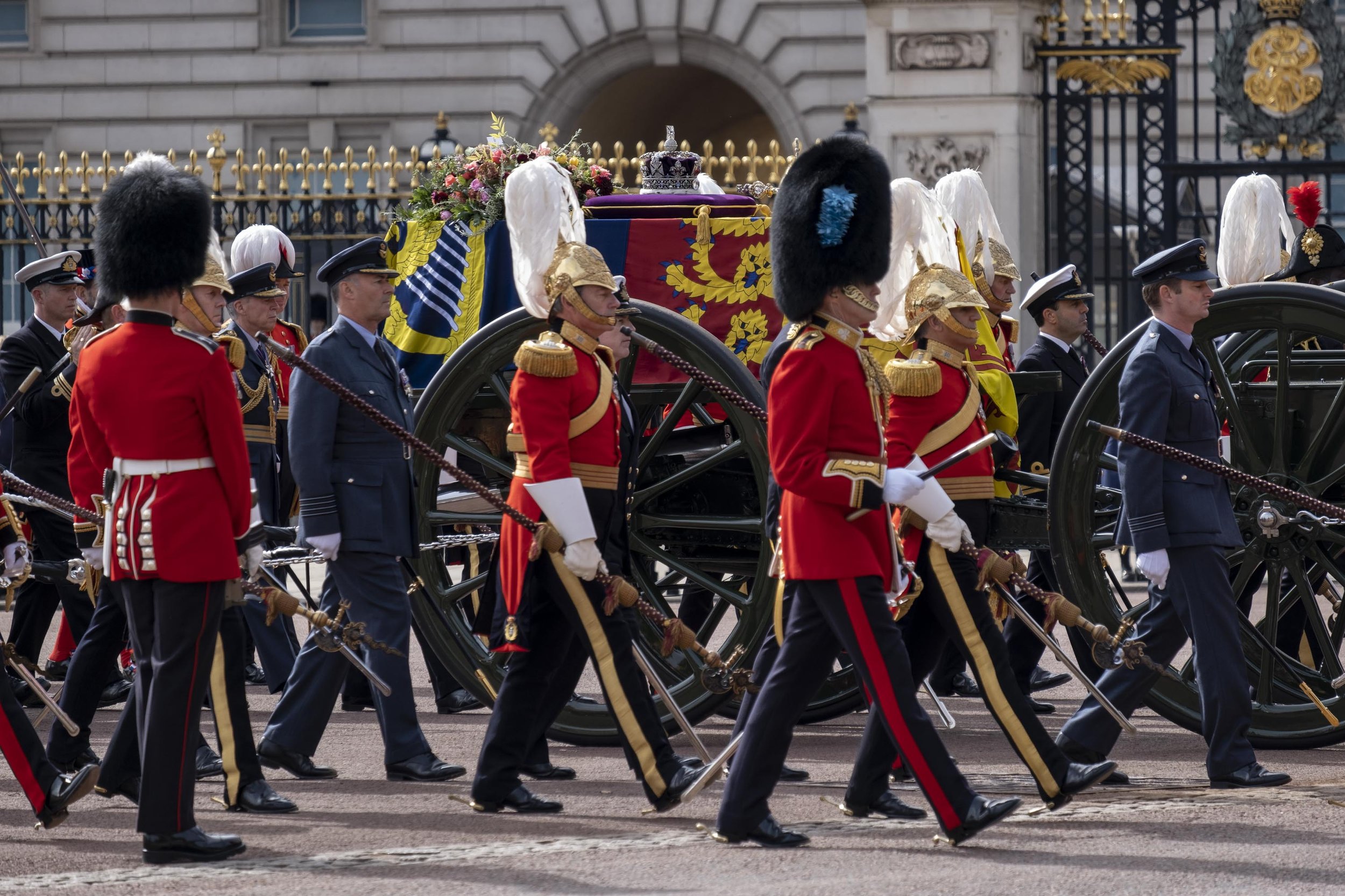  State Funeral of Queen Elizabeth II. Coffin lays upon the State Gun Carriage, with Imperial State Crown. 