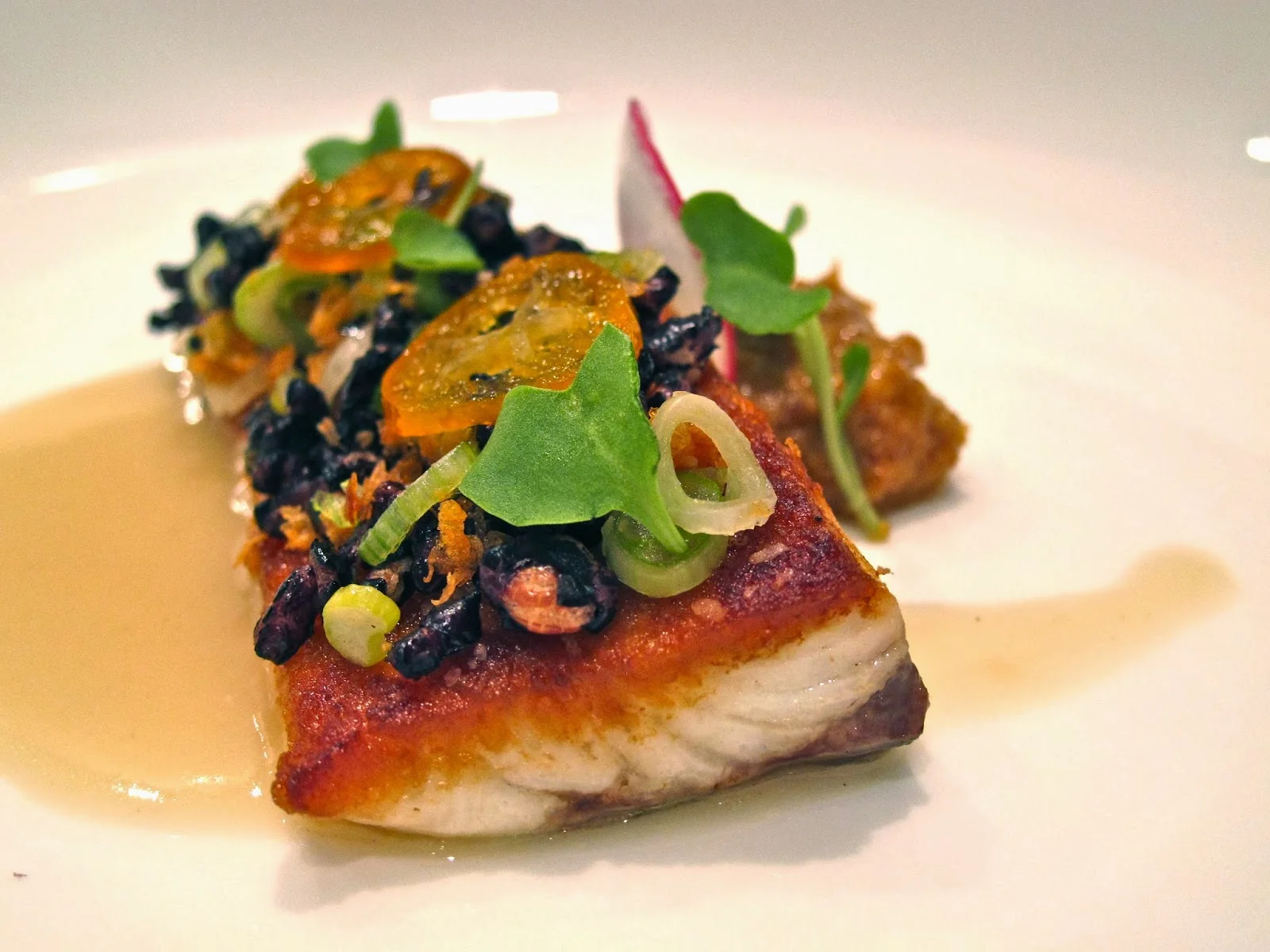 Kona with Puffed Forbidden Rice, Almond Miso, Kumquats, and Lapsang Veloute