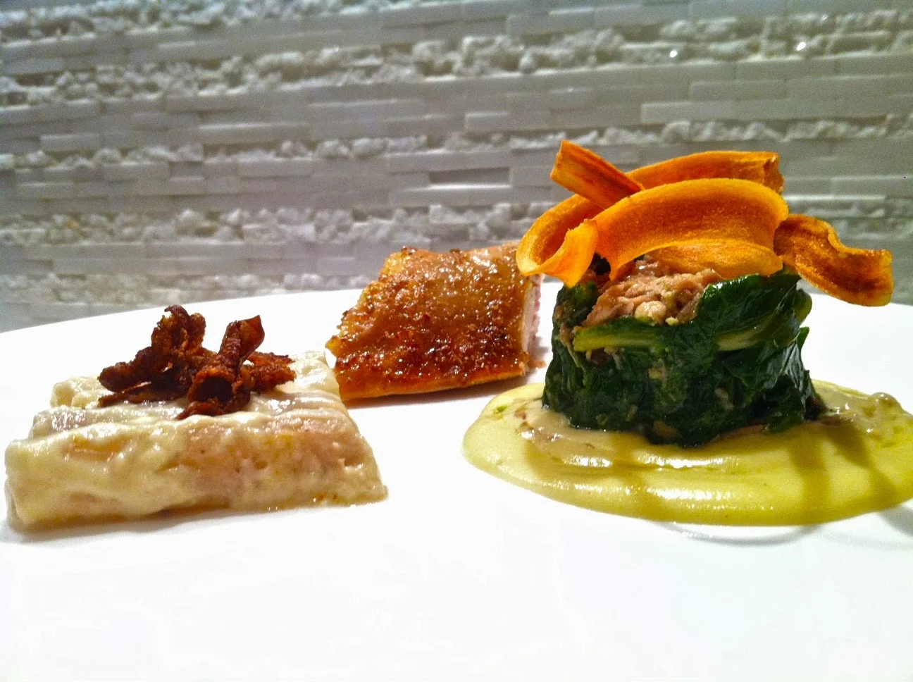 Pheasant sous vide and confit with salsify fried, puree, and braised.