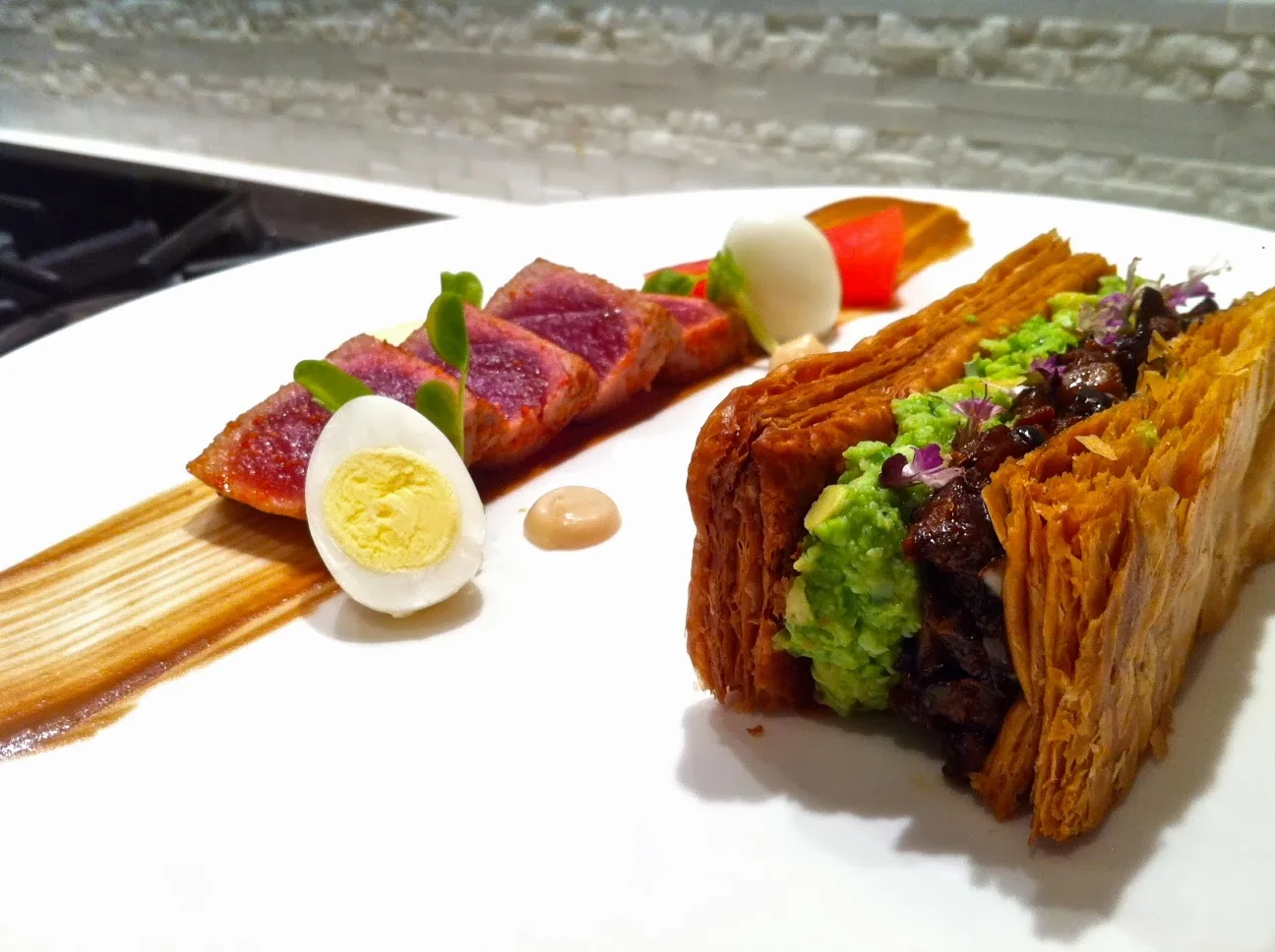 Tuna with watermelon radish and shiitake-edamame "mille feuille"