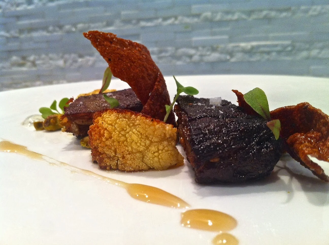 Lamb Breast (Belly) with Eggplant Chips, Za'atar, Pomegranate, and Goat Yogurt
