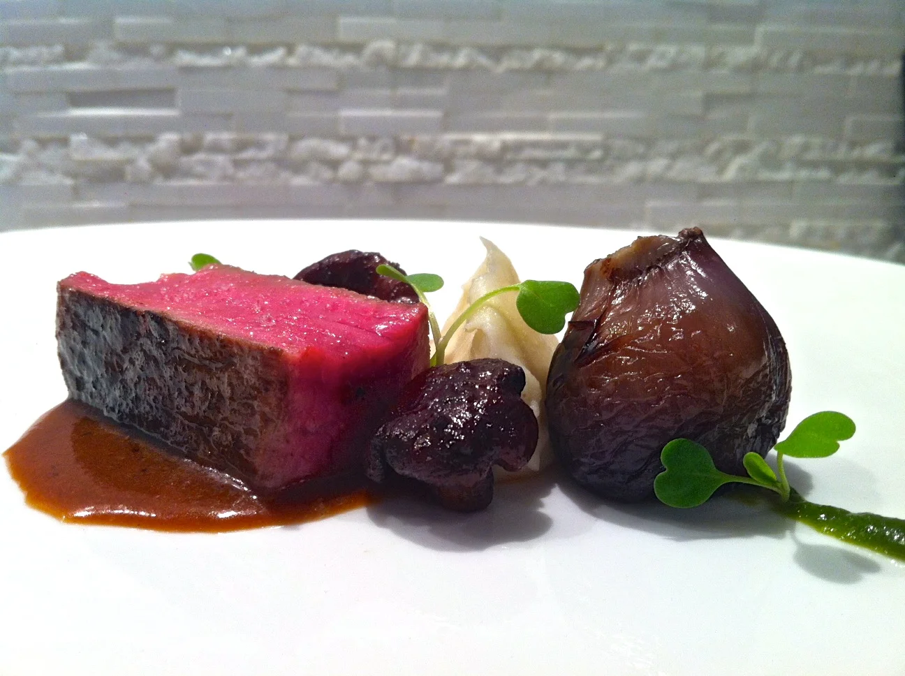Sous Vide Kobe Striploin with Parsley Root Puree, Chanterelles, and Bordelaise