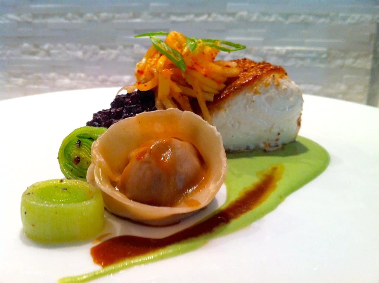 Escolar with Forbidden Black Rice, Mango Kimchi, Duck Steamed Dumplings, and Edamame Sauce