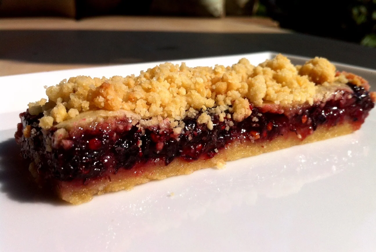 Mulberry Tart with Brown Butter, Almond Streusel, and Malt Vanilla Ice Cream