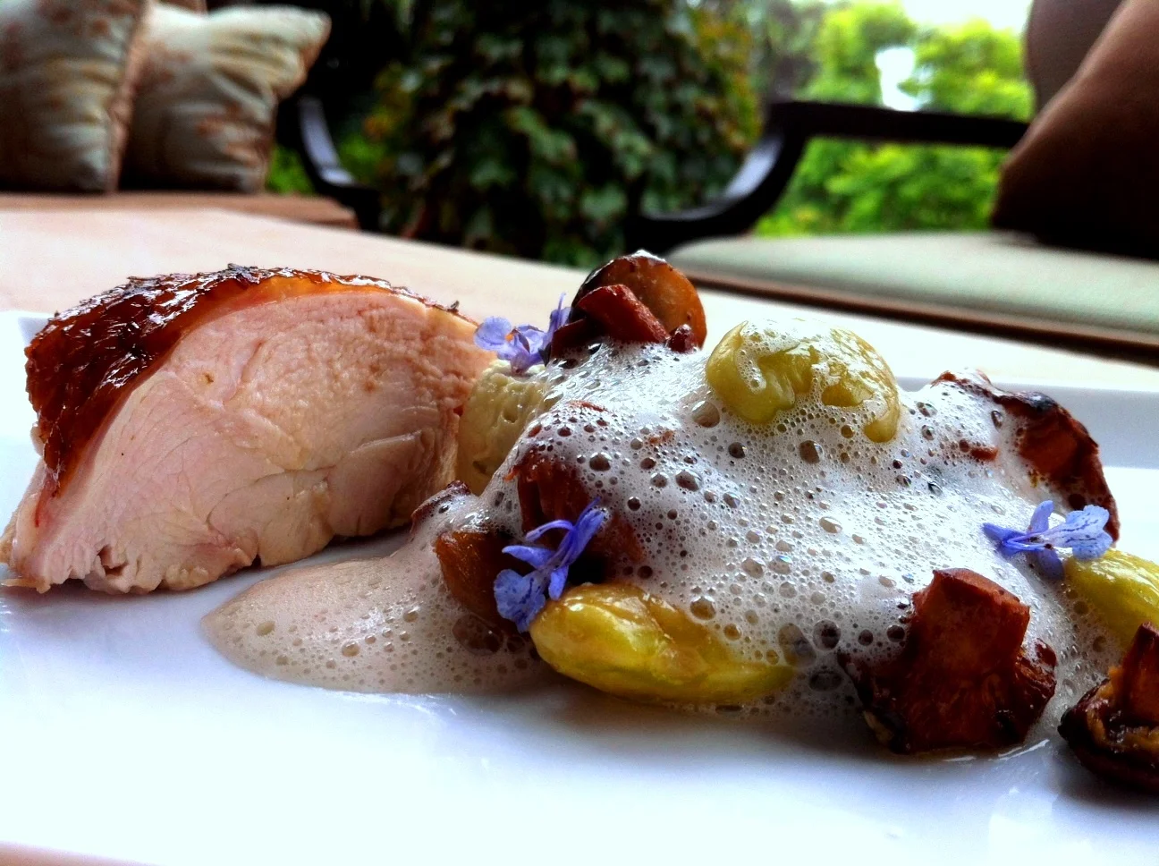 Smoked Chicken with Lima Bean Puree, Chanterelle, and Truffle Foam