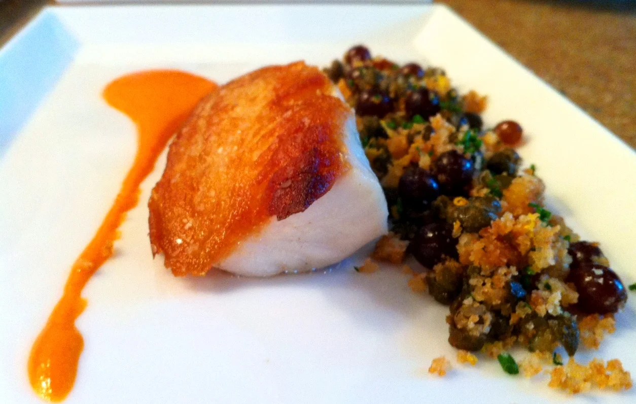 Black Cod with Romesco and Champagne Grape Crunch