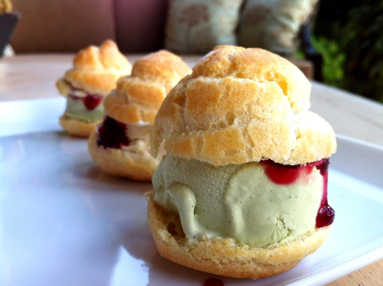 Profiteroles with Basil-Lemongrass Ice Cream and Mulberry Jam