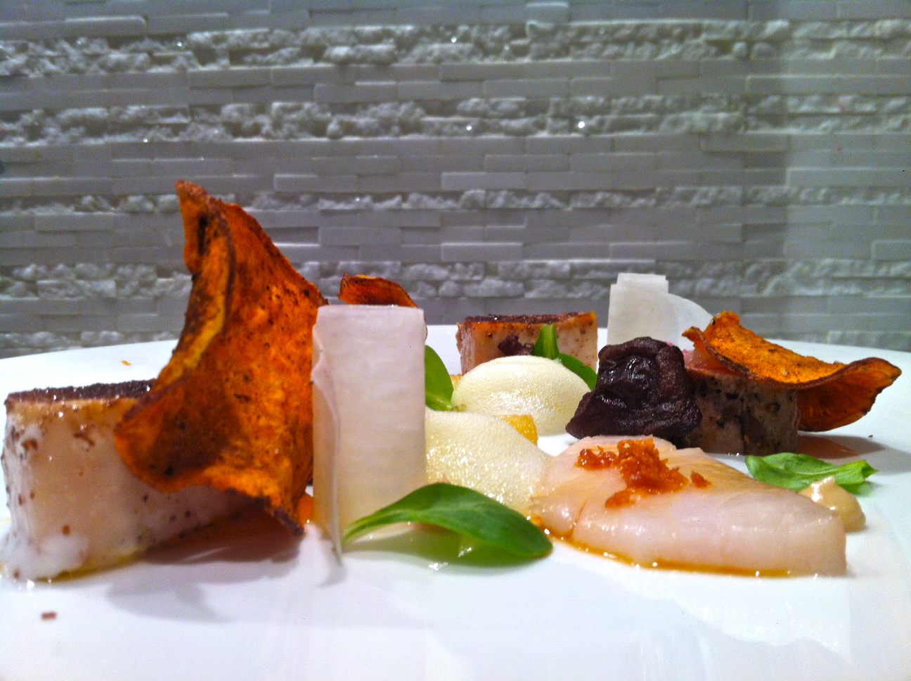 Escolar 2 ways with Pineapple, Sumac, and Sweet Potato Chips