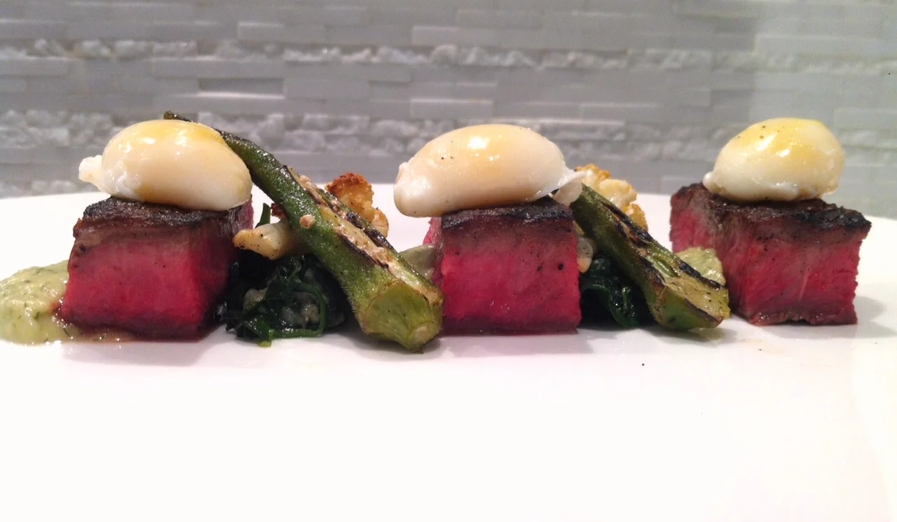 "Steak and Eggs"  Wagyu Striploin with Quail Eggs with Fennel Puree