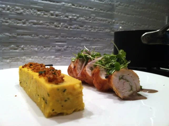 Sous vide Chicken with delicata squash pudding and liver sauce