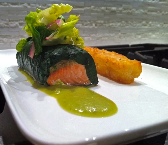 Hoja de Santa wrapped Salmon with Yuca Fries