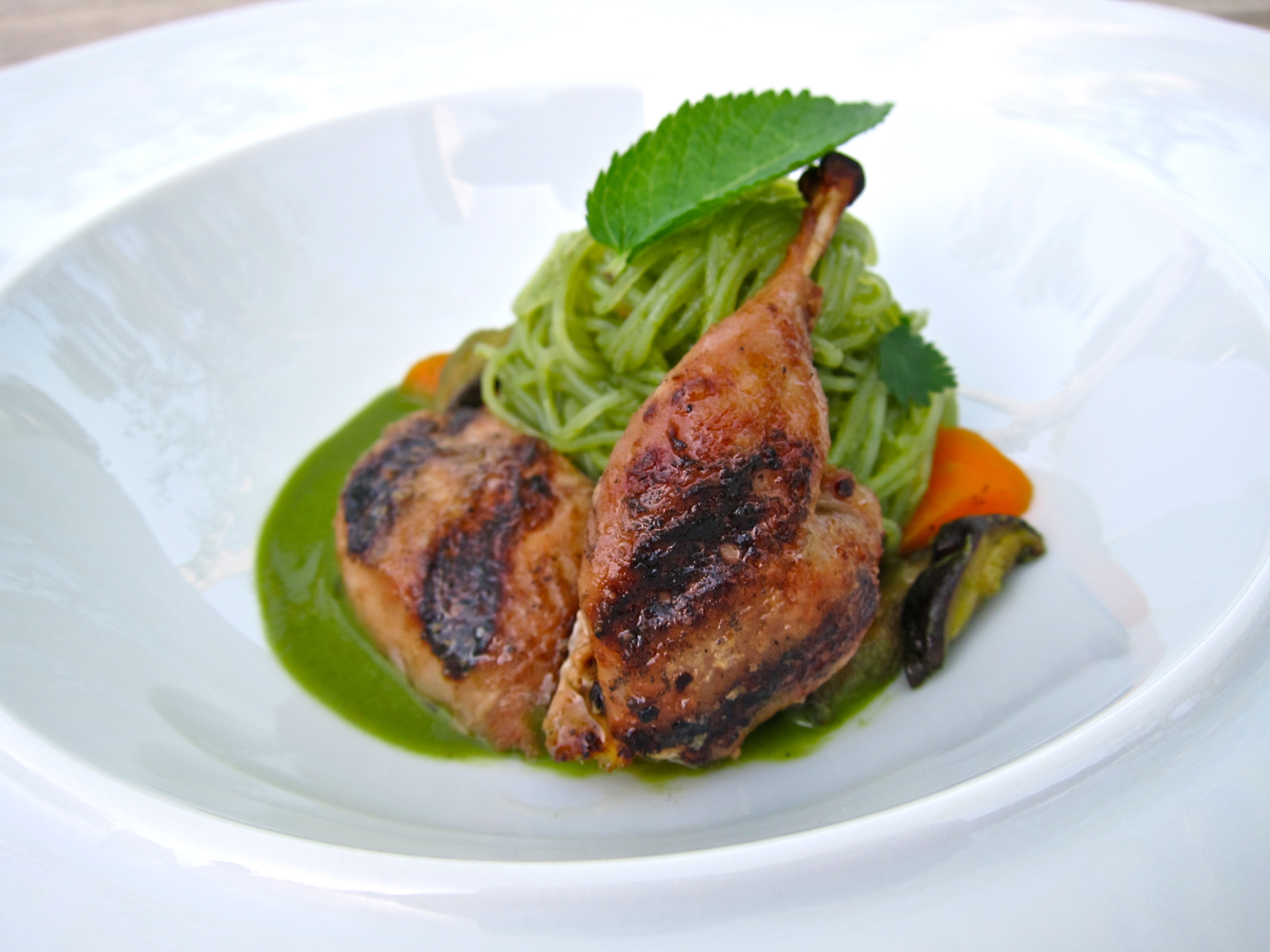 Thai Green Curry with Grilled Quail and Noodles