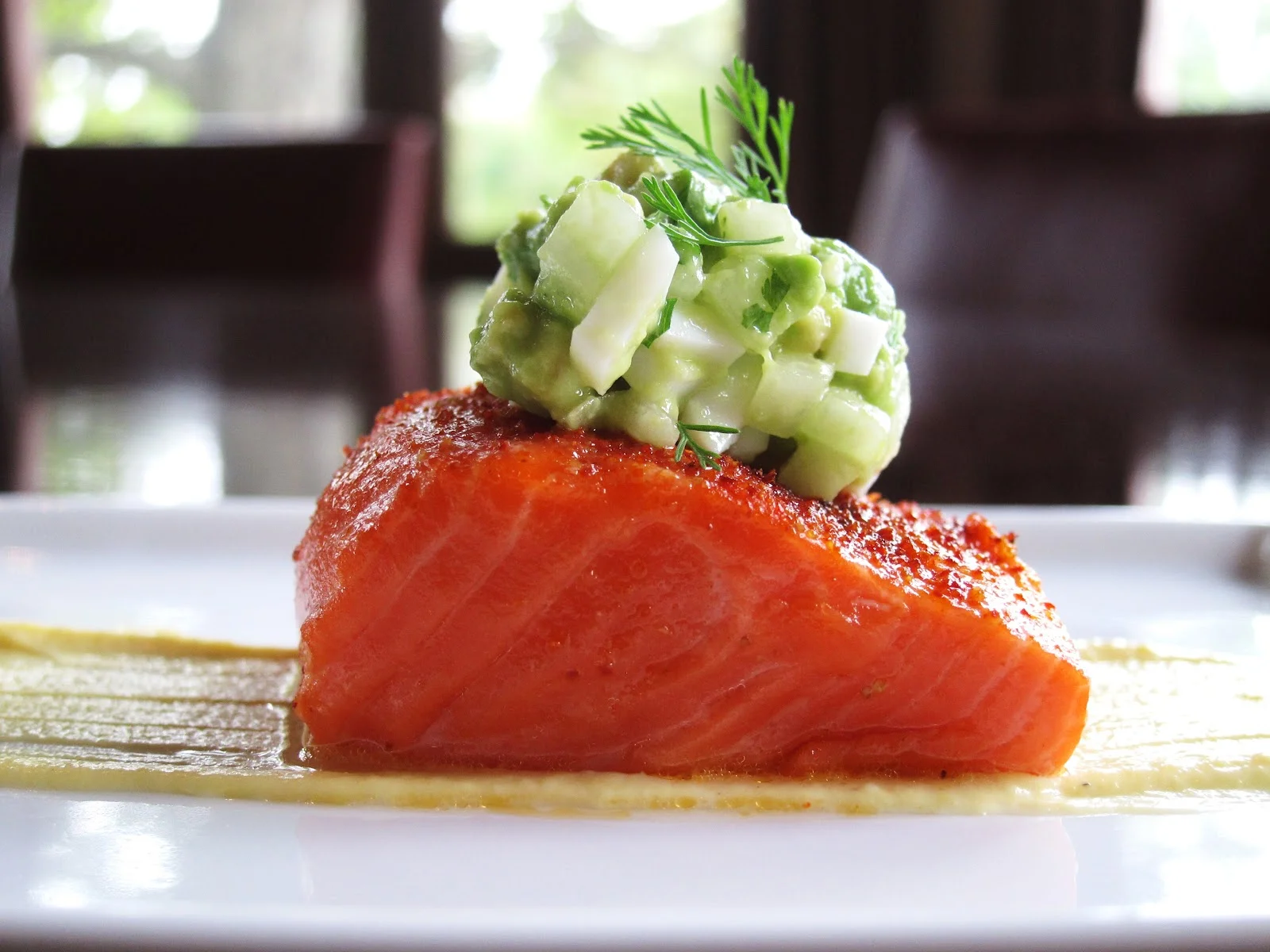 Cedar Salmon with Orange Rocoto and egg relish