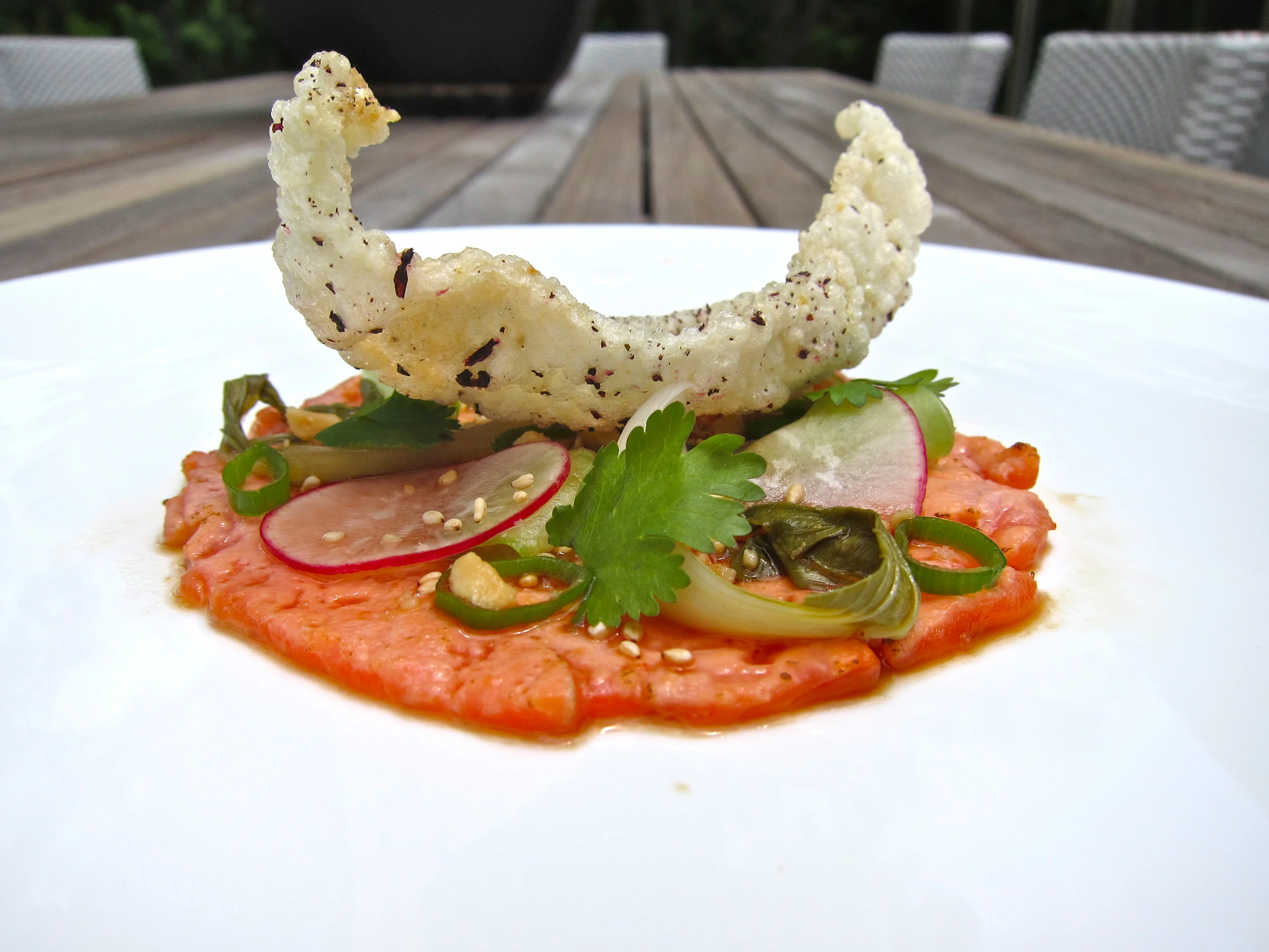 Copper River Salmon Carpaccio with Puffed Rice Chip
