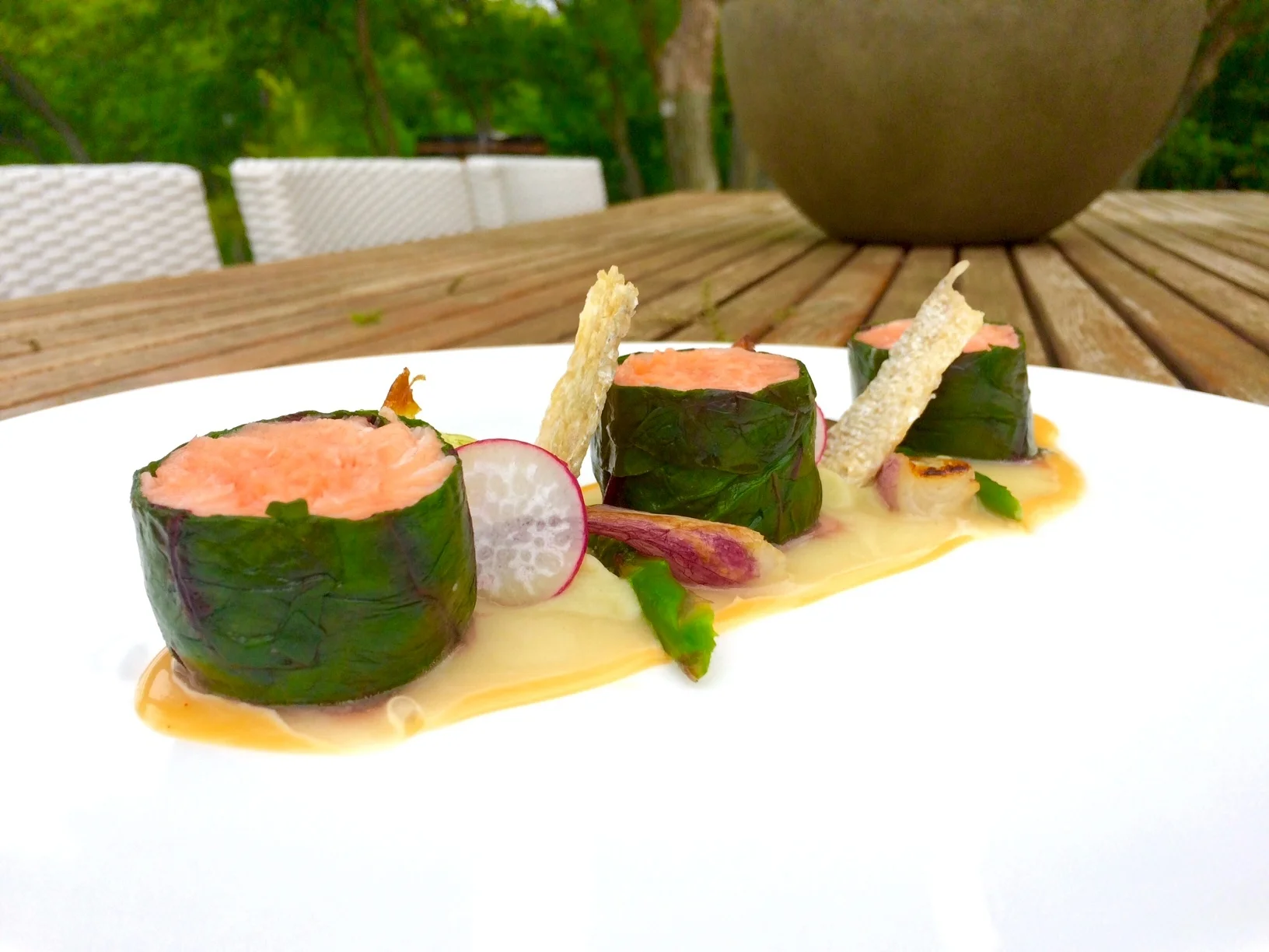 Sous Vide Salmon, Swiss Chard, Ginger Aioli, and Dashi Veloute