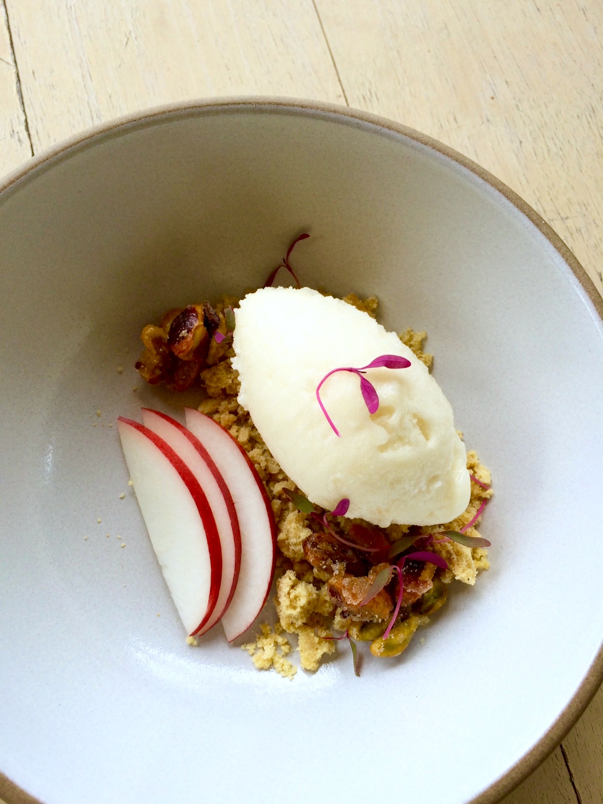 White Nectarine Sorbet with Pistachio Shortbread 