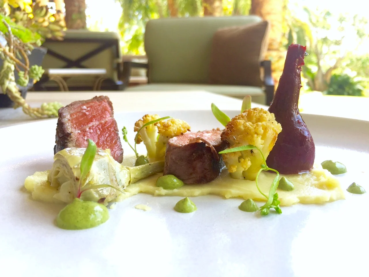 Beef Tenderloin with Huacatay verde, and White Sweet Potato