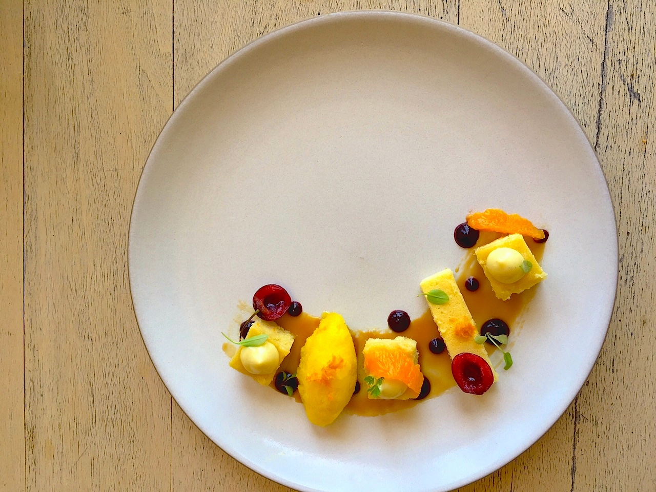 "Cherries and Oranges" Olive Oil Cake, Sorbet, Ricotta CheeseCake and Caramel