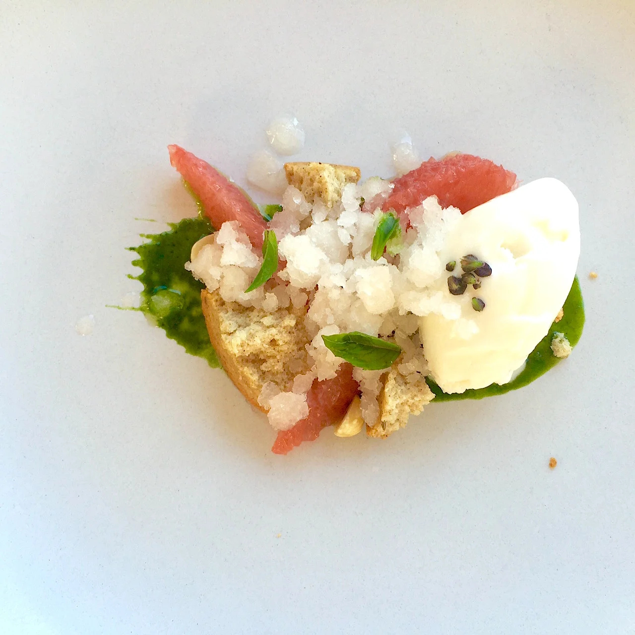 Grapefruit, Ricotta Ice cream, Rye Financier, Basil Honey