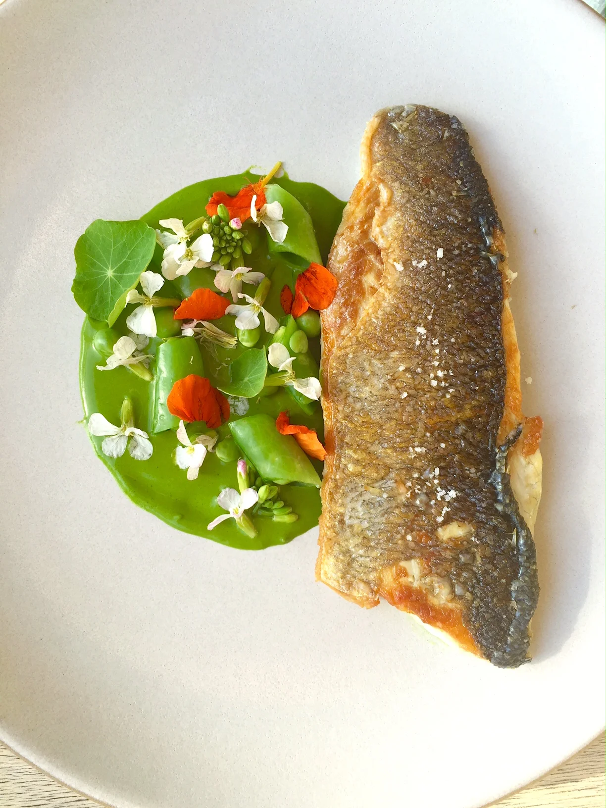 Branzino, Nasturtium, Snap Peas, Radish