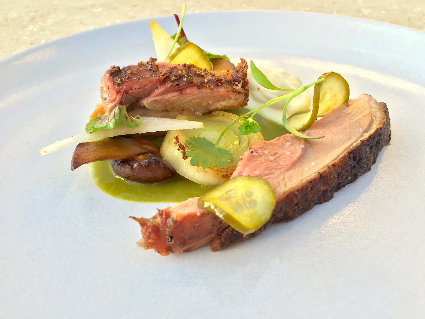 Tea Smoked Duck, Pickles, Pear