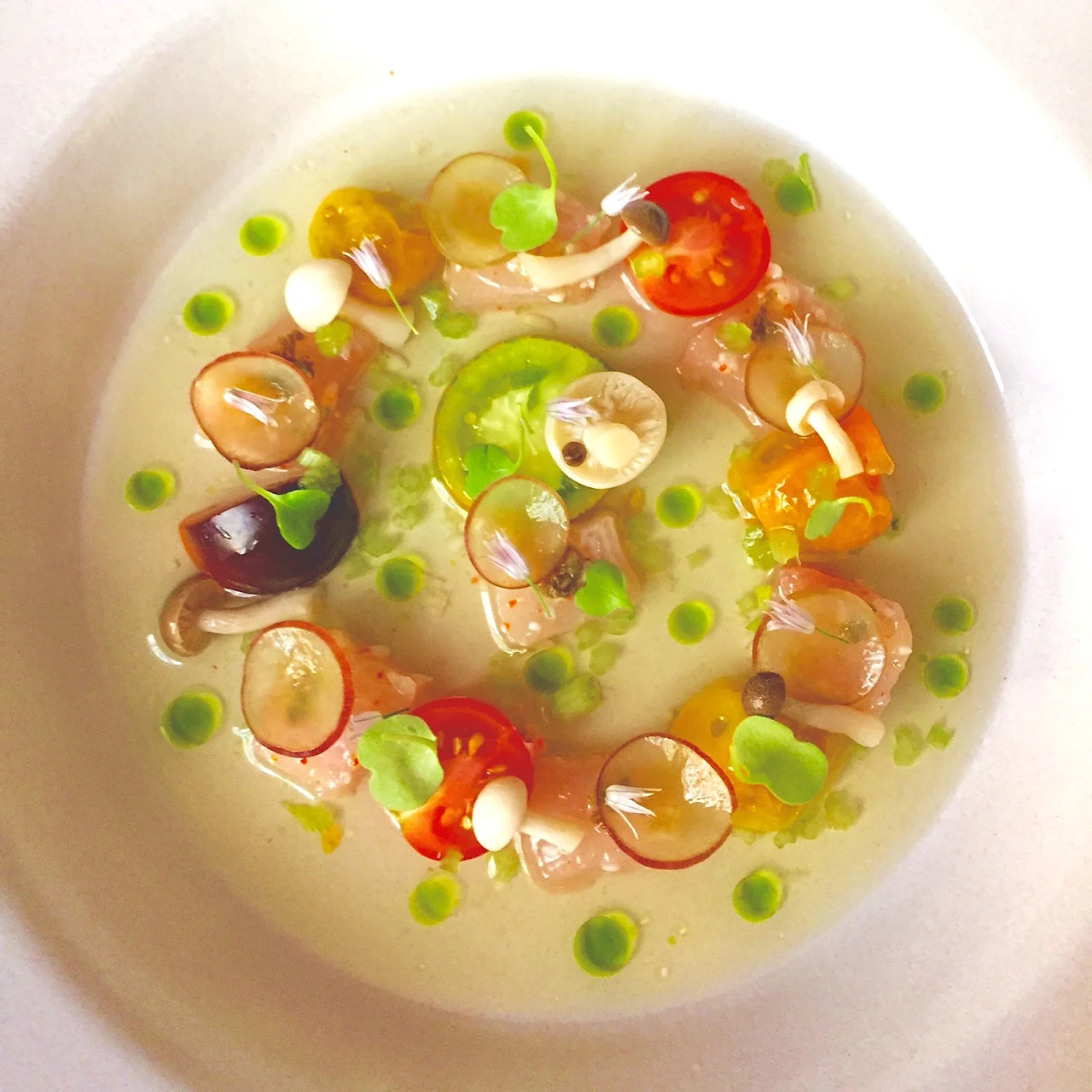 Hamachi, Tomato water, Koji, Grapes, Tomatoes