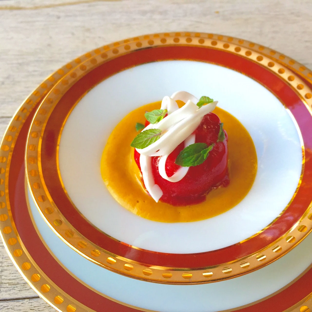 "Thanksgiving"  Pumpkin, Cranberry Sorbet, and Coconut