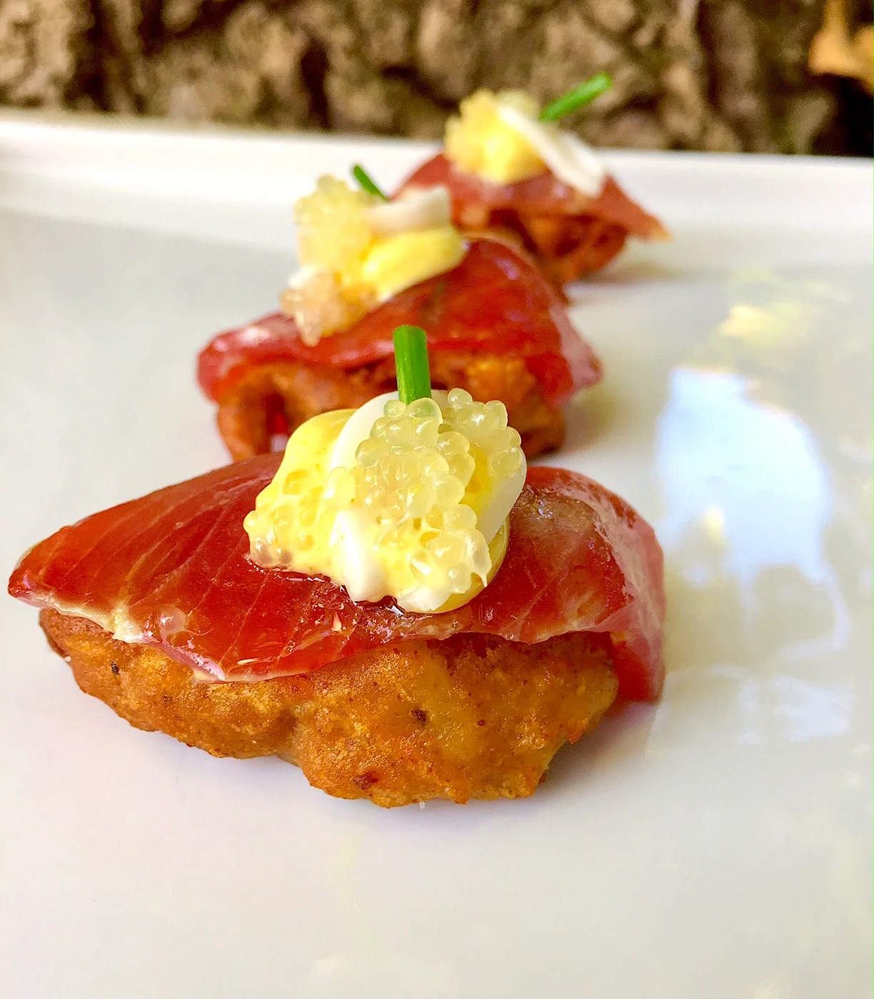 Tuna, Zucchini Pakora, Curry, Finger Lime