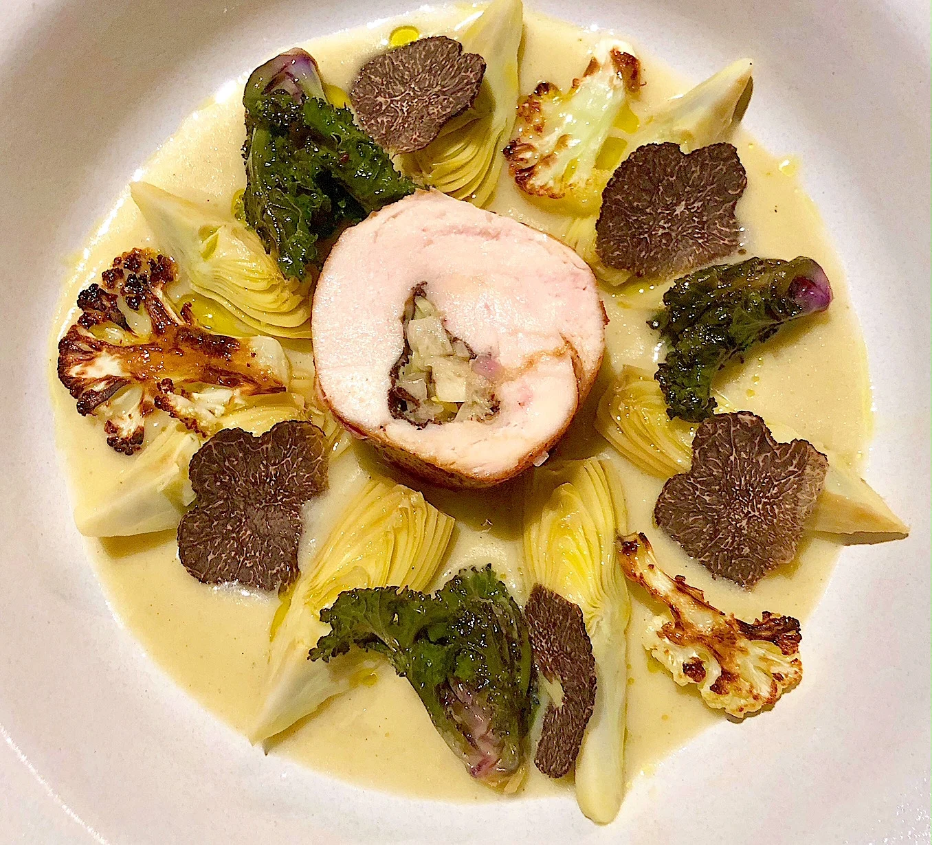 Chicken Stuffed with Artichoke, Black Truffle, Kalette 