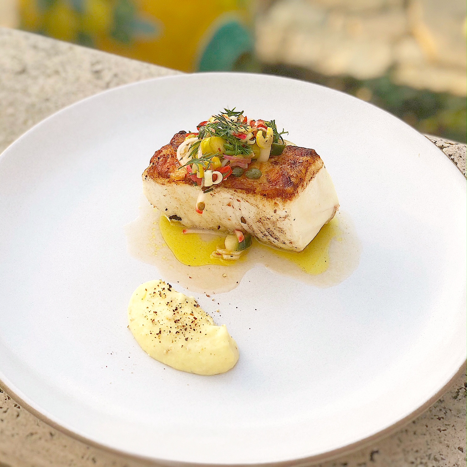 Bass with Asparagus Conserva and Celeriac Puree