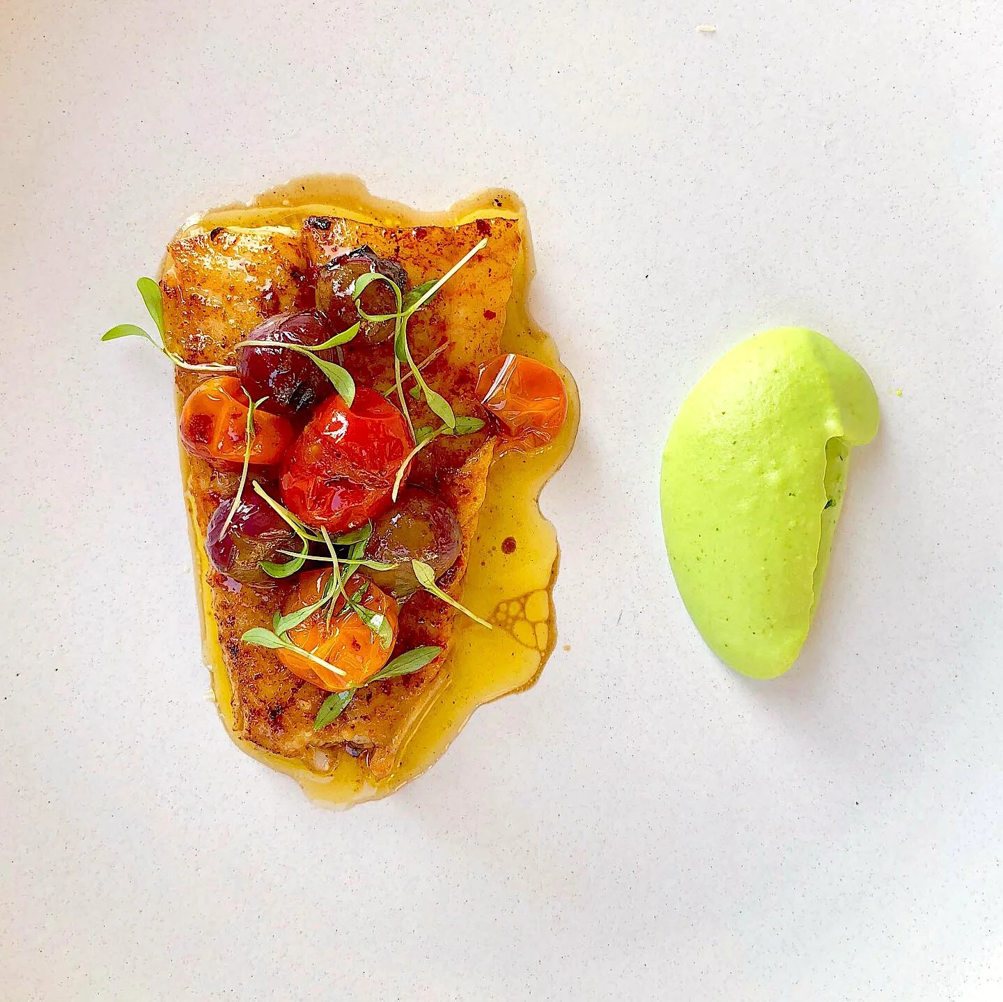 Petrale Sole, Kimchi, Soy Browned Butter, and Pea Puree