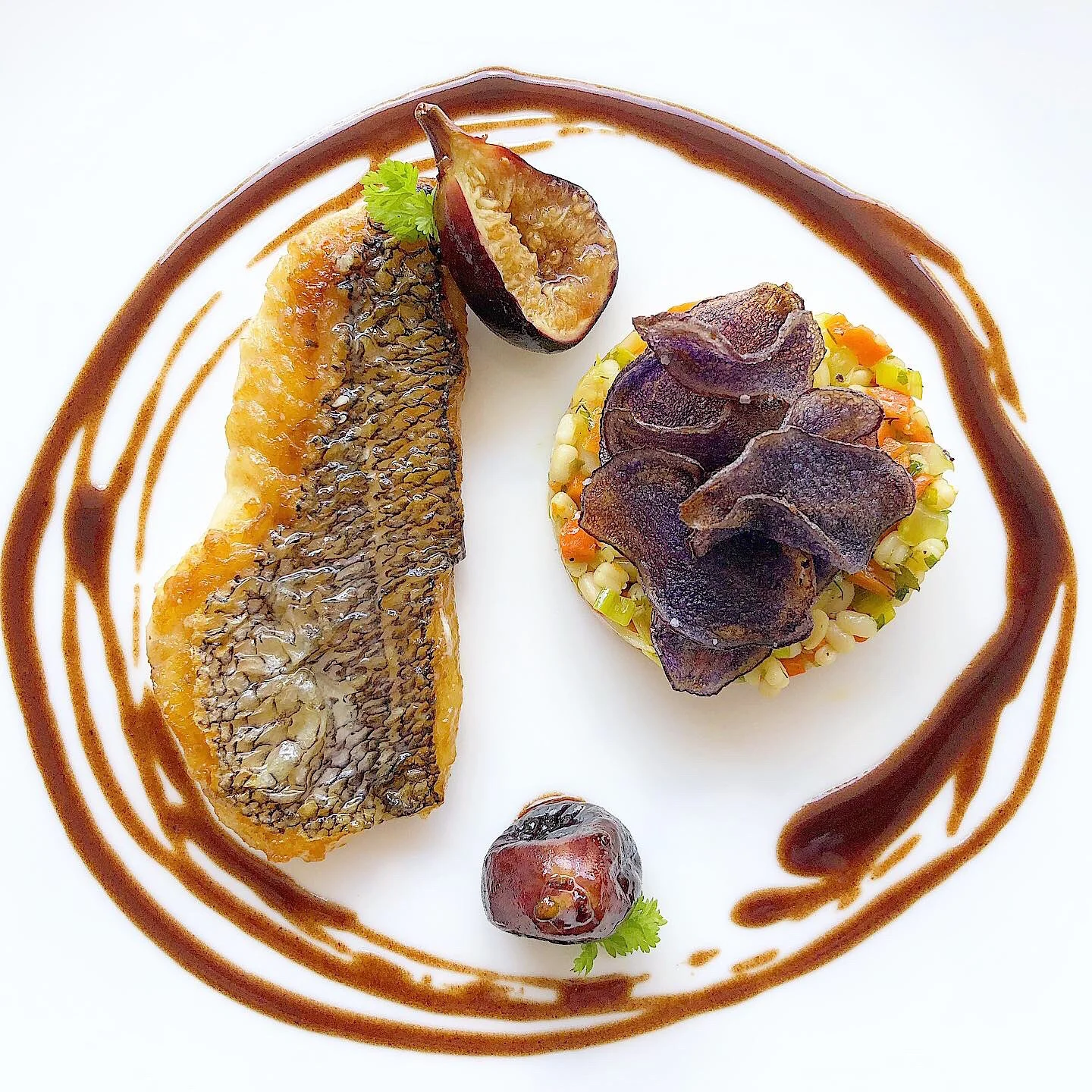 Black Bass with Roasted Fig and Urad Gota 