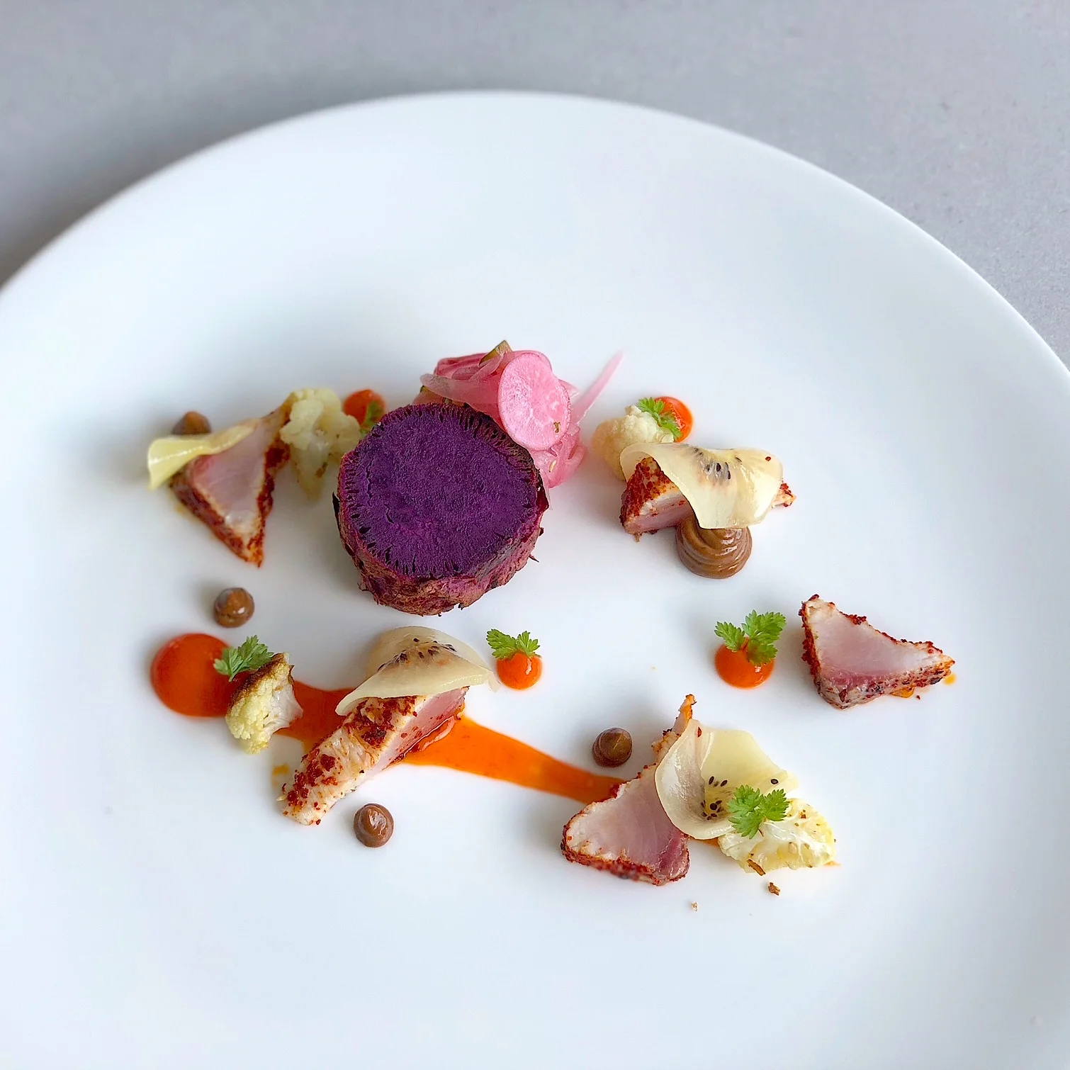 Kampachi with Kiwi, Sweet Potato, and Hatcho Miso