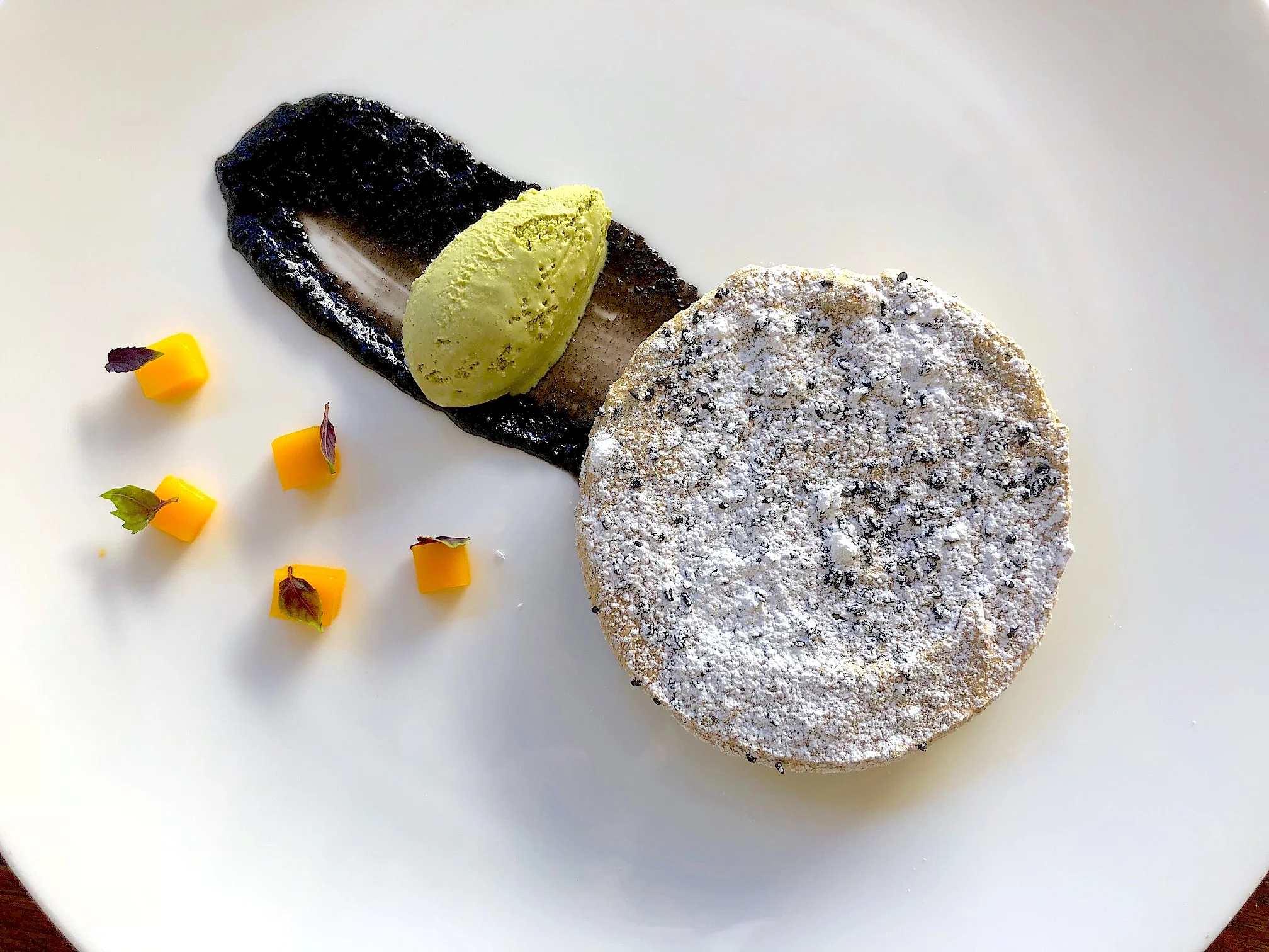 Black Sesame Meringue with Mango and Lemongrass Basil Ice Cream