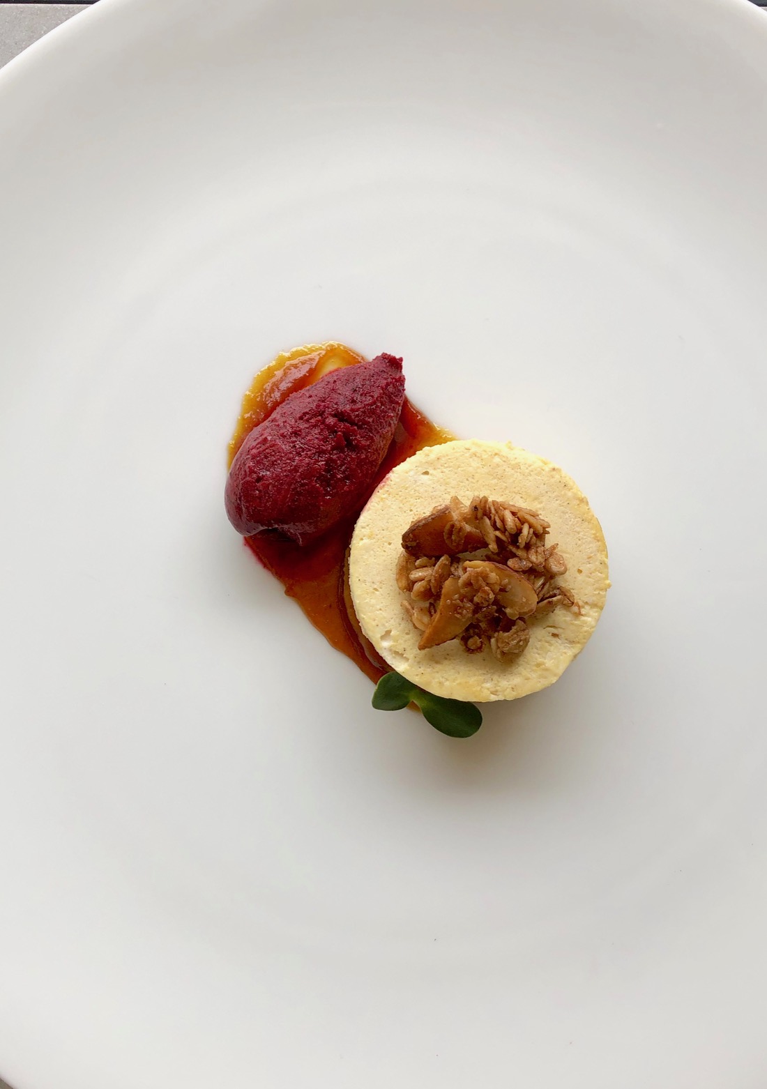 Pumpkin Mousse, Caramel,  Honey-berry Sorbet