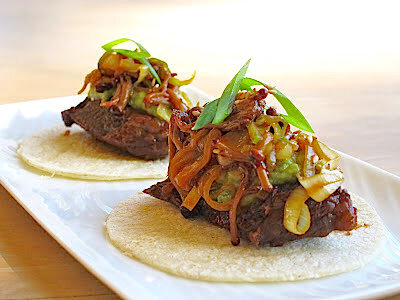 Kobe Beef short rib tacos with persimmon mushrooms