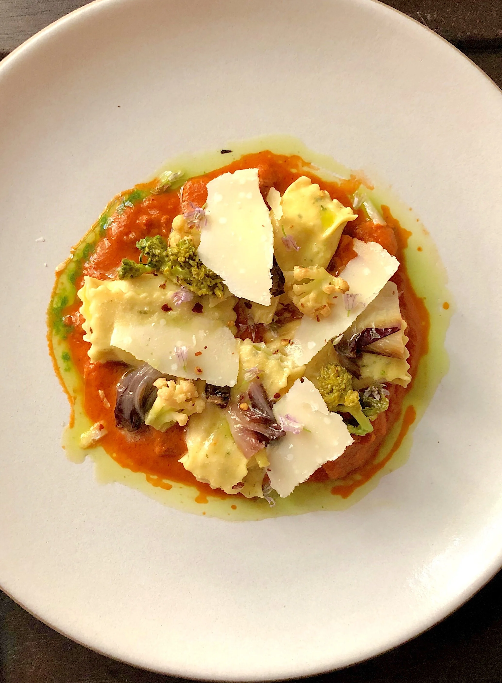 Cheese Agnolotti with Chicken Italian Sausage, Treviso, Broccolini