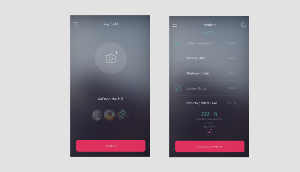 Tap to enable camera to scan receipt and list items page with search function to add items if not discovered