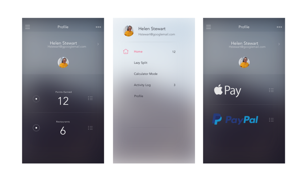 Activity page with point and location, access to option and profile/account details via hamburger menu