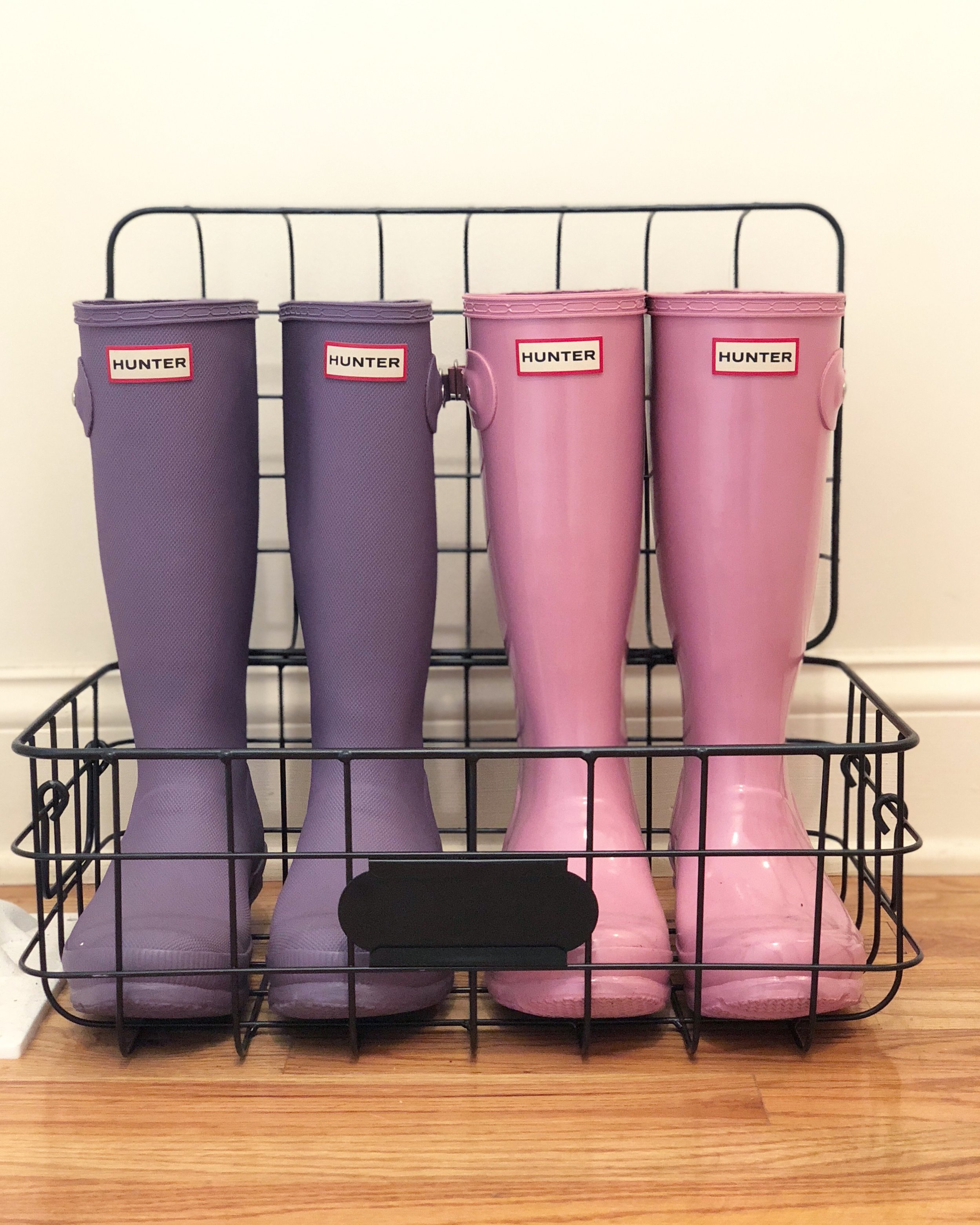 I got this wire basket from HomeSense. I put on the stairs with my Hunter boots.