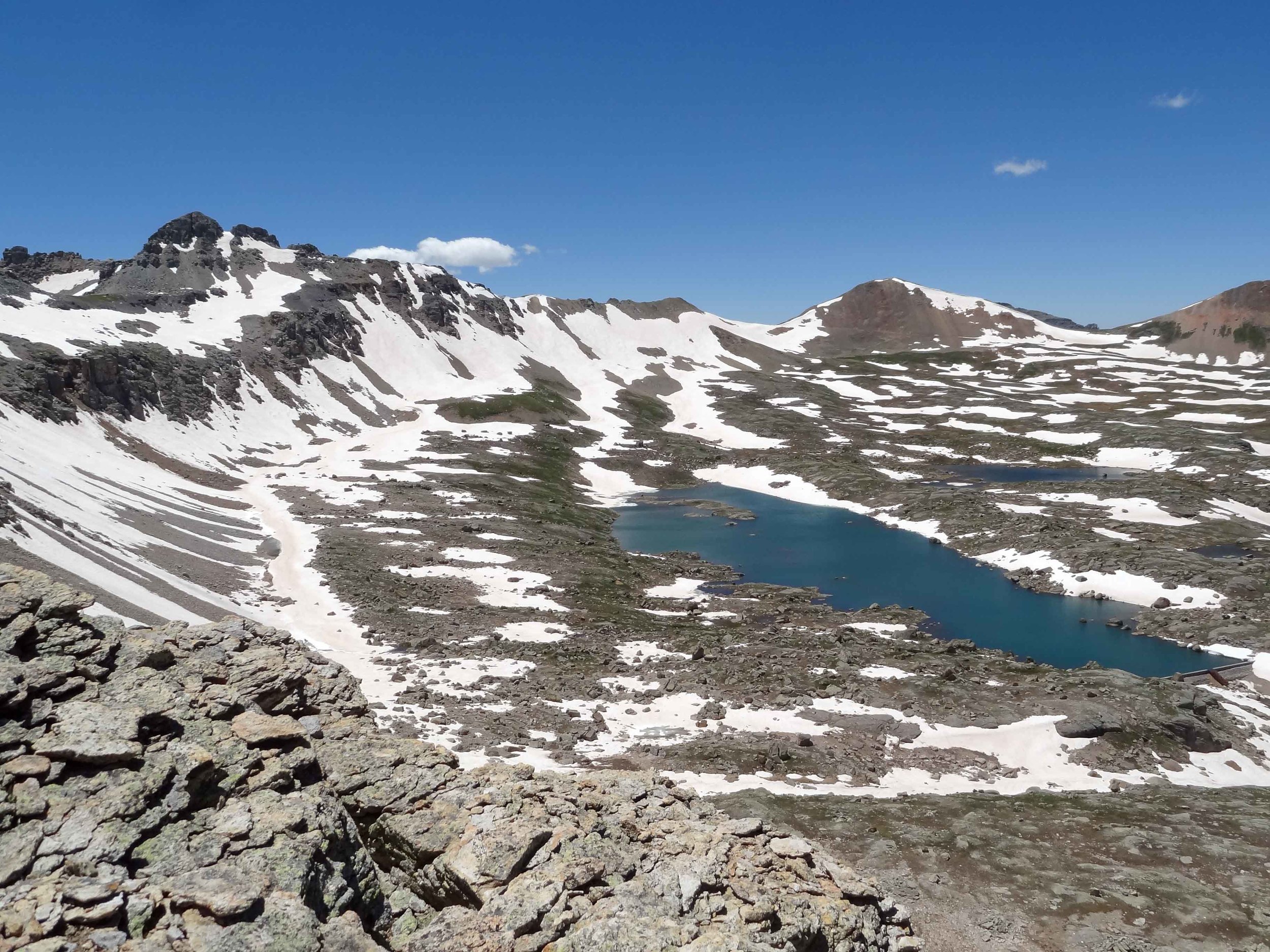 The first view of Lewis Lake from Columbine Pass