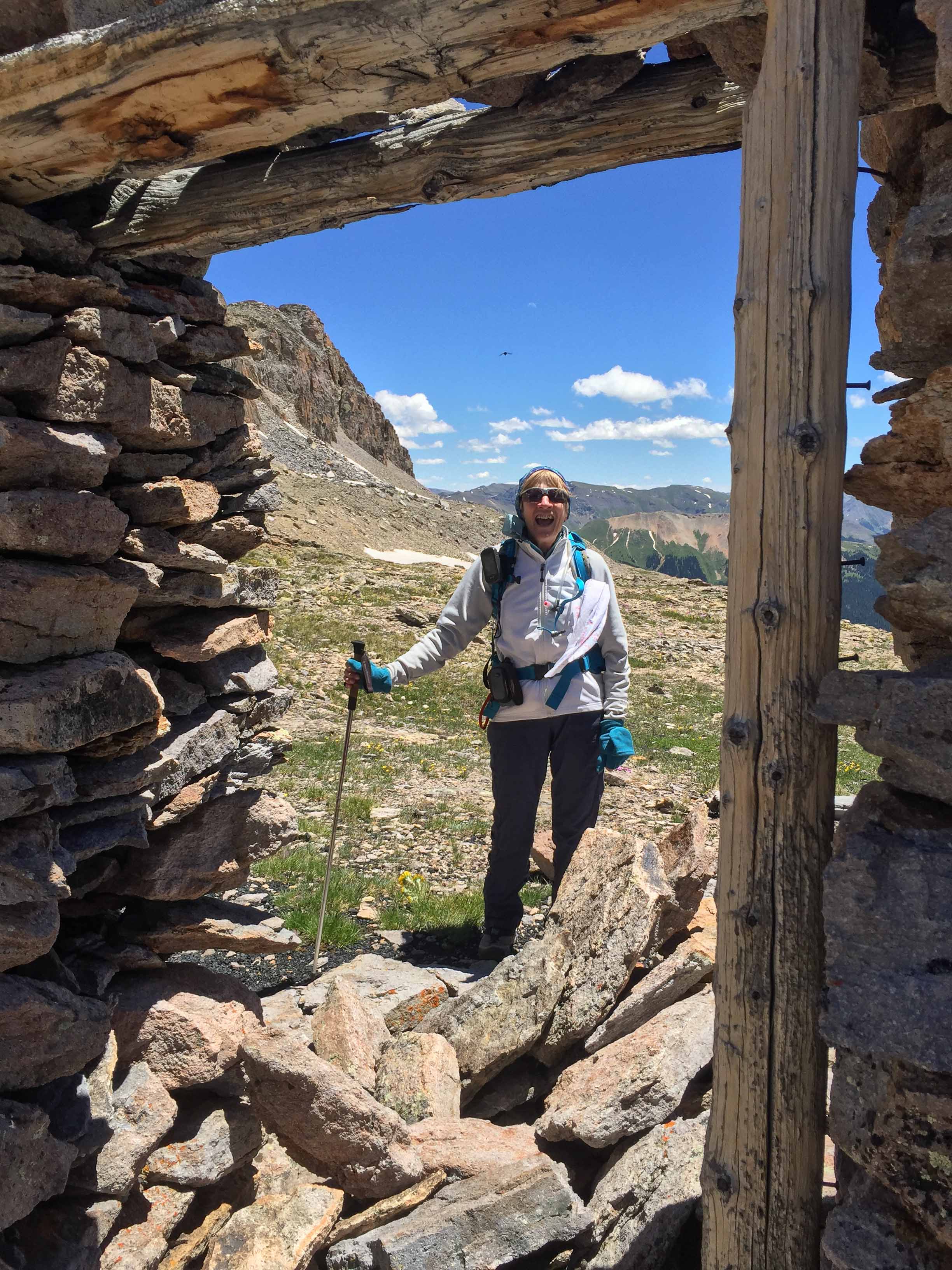 Penny outside the sheepherder cabin door