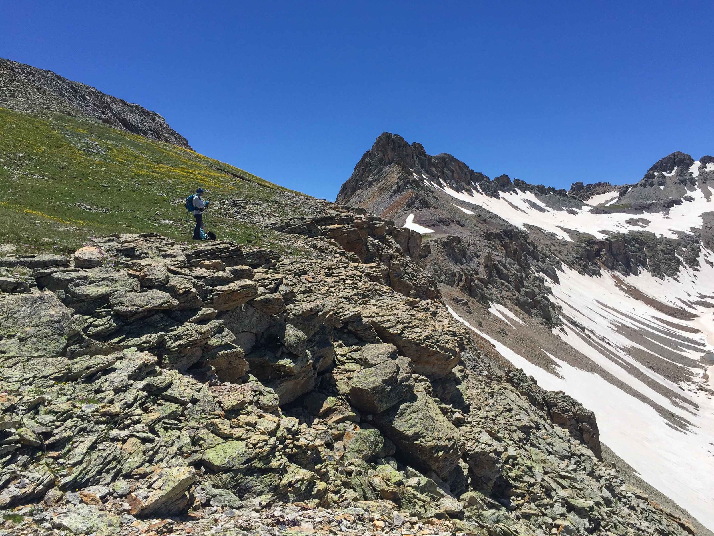 Penny overlooking Lewis Lake from Columbine Pass