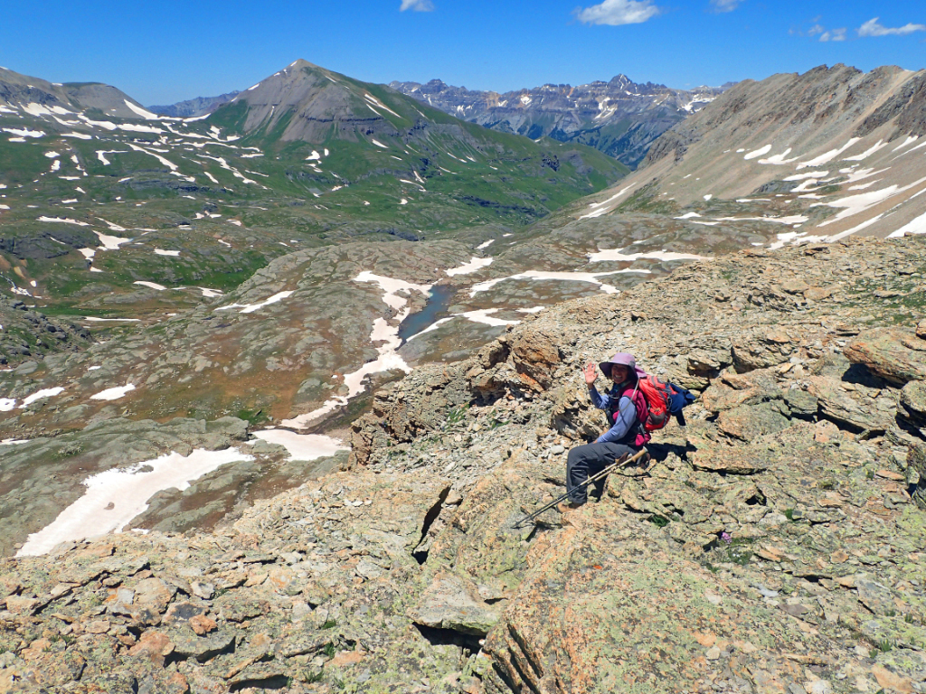 Julie at Columbine Pass overlooking Lewis Lake Basin (Photo by Penny Jones)